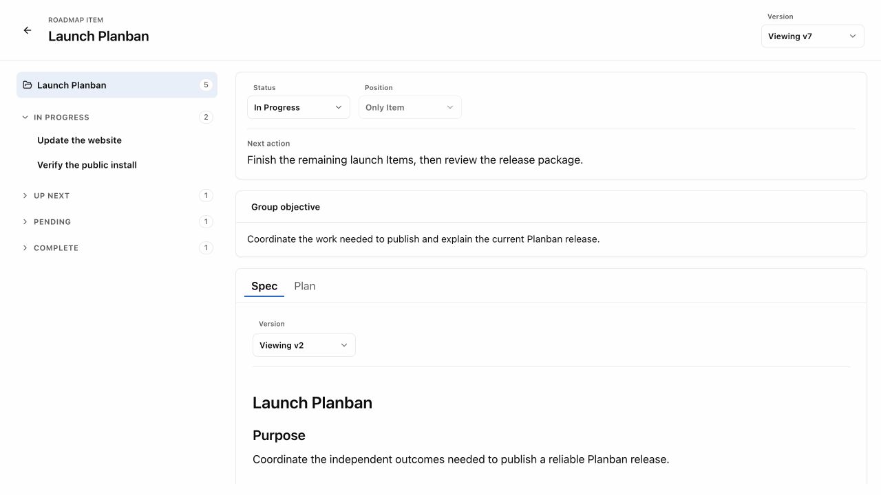 An open Planban Group showing its Status, next action, objective, Spec and Plan tabs, and its Items listed by Status